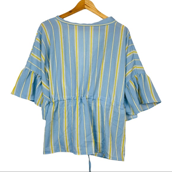 Boho V Neck Striped Flutter Short Sleeve Surplice Wrap Flowy Top Blue Yellow - Picture 3 of 7